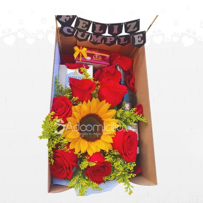 Arreglo de Flores con Rosas, Girasoles y Chocolates A Domicilio En Manizales