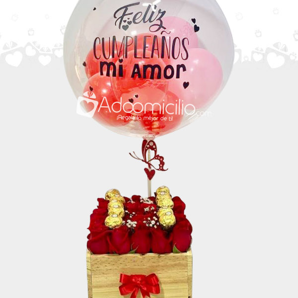Caja de Rosas, Ferrero Rocher y Globo Burbuja Regalos de Cumpleaños a Domicilio en Villavicencio Pedido con Un Dia de Anticipado
