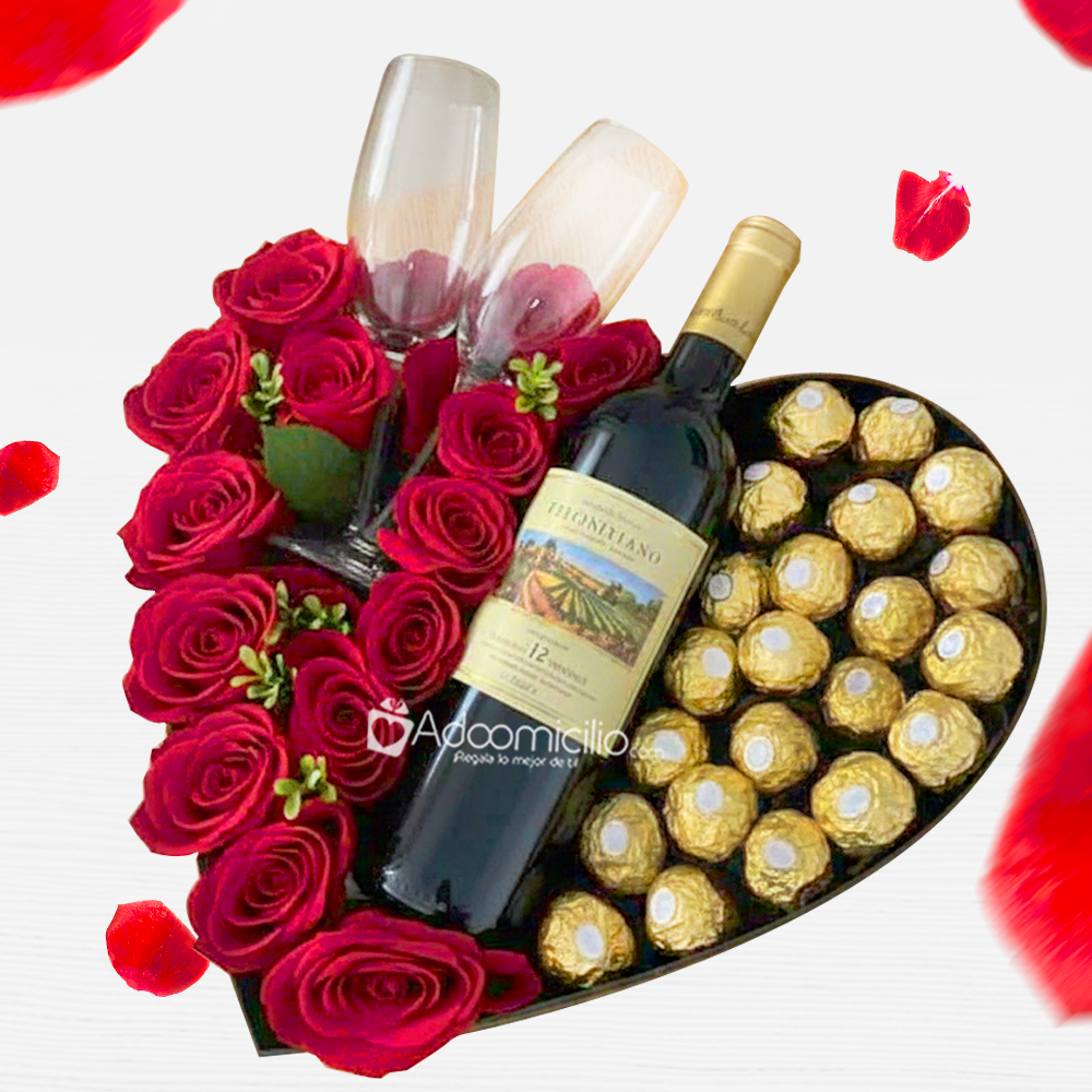 Corazón Con Rosas Y Vino Para San Valentín A Domicilio En CDMX Pedido Con Un Día De Anticipación 